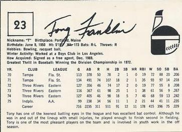 1976 Indianapolis Indians #23 Tony Franklin Back