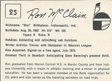 1976 Indianapolis Indians #25 Ron McClain Back