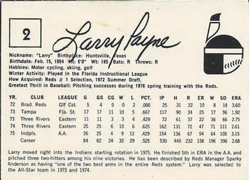 1976 Indianapolis Indians #2 Larry Payne Back