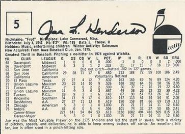 1976 Indianapolis Indians #5 Joe Henderson Back
