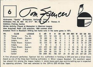 1976 Indianapolis Indians #6 Tom Spencer Back