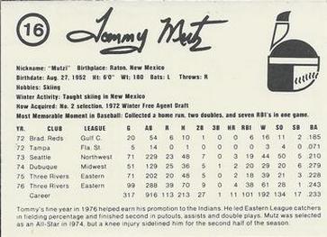 1977 Indianapolis Indians #16 Tommy Mutz Back