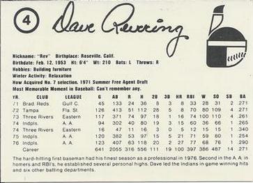 1977 Indianapolis Indians #4 Dave Revering Back