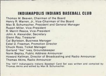 1977 Indianapolis Indians #NNO Checklist Back