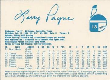 1978 Indianapolis Indians #13 Larry Payne Back