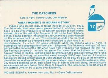 1979 Indianapolis Indians #17 Catchers (Tommy Mutz / Don Werner) Back