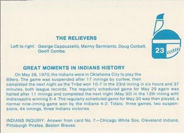 1979 Indianapolis Indians #23 Relievers (George Cappuzzello / Manny Sarmiento / Doug Corbett / Geoff Combe) Back