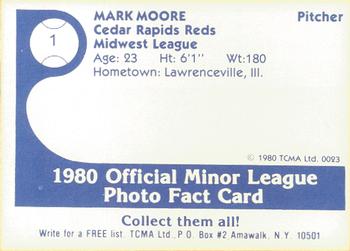 1980 TCMA Cedar Rapids Reds #1 Mark Moore Back