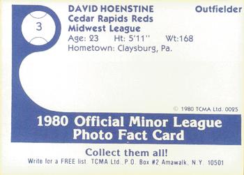 1980 TCMA Cedar Rapids Reds #3 Dave Hoenstine Back