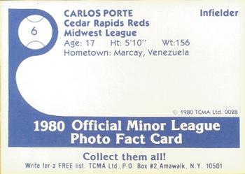 1980 TCMA Cedar Rapids Reds #6 Carlos Porte Back