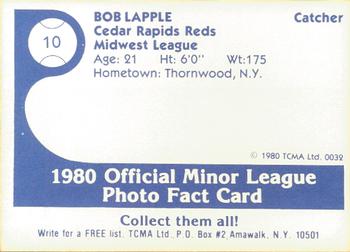 1980 TCMA Cedar Rapids Reds #10 Bob Lapple Back
