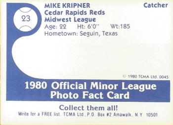 1980 TCMA Cedar Rapids Reds #23 Mike Kripner Back