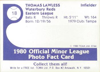 1980 TCMA Waterbury Reds #18 Tom Lawless Back