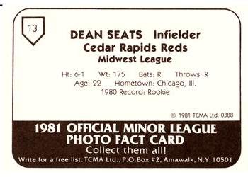 1981 TCMA Cedar Rapids Reds #13 Dean Seats Back