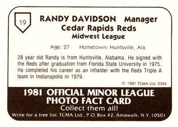1981 TCMA Cedar Rapids Reds #19 Randy Davidson Back
