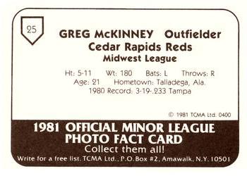 1981 TCMA Cedar Rapids Reds #25 Greg McKinney Back