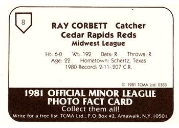 1981 TCMA Cedar Rapids Reds #8 Ray Corbett Back