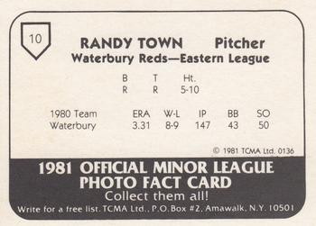 1981 TCMA Waterbury Reds #10 Randy Town Back