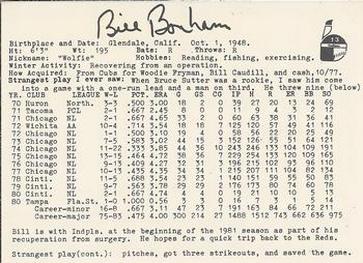 1981 Indianapolis Indians #13 Bill Bonham Back