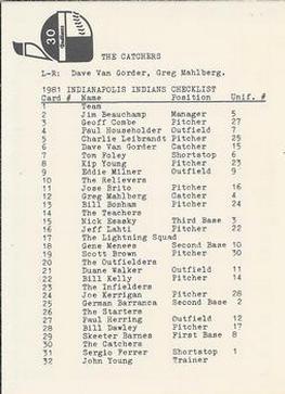 1981 Indianapolis Indians #30 Catchers (Dave Van Gorder / Greg Mahlberg) Back