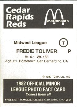 1982 TCMA Cedar Rapids Reds #7 Freddie Toliver Back