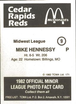 1982 TCMA Cedar Rapids Reds #9 Mike Hennessy Back