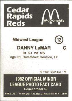 1982 TCMA Cedar Rapids Reds #12 Danny Lamar Back