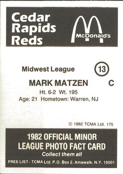 1982 TCMA Cedar Rapids Reds #13 Mark Matzen Back