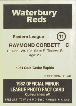 1982 TCMA Waterbury Reds #11 Ray Corbett Back