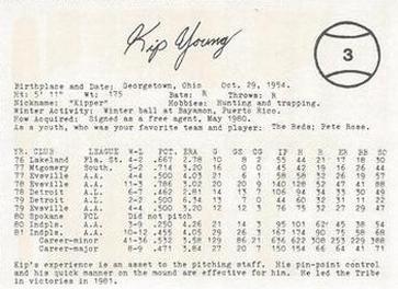 1982 Indianapolis Indians #3 Kip Young Back