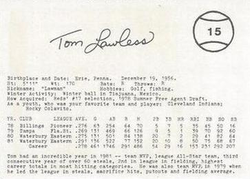 1982 Indianapolis Indians #15 Tom Lawless Back