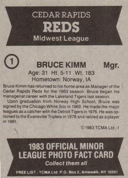 1983 TCMA Cedar Rapids Reds #1 Bruce Kimm Back