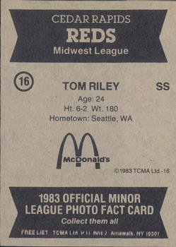 1983 TCMA Cedar Rapids Reds #16 Tom Riley Back