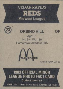 1983 TCMA Cedar Rapids Reds #23 Orsino Hill Back