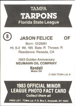 1983 TCMA Tampa Tarpons #8 Jason Felice Back