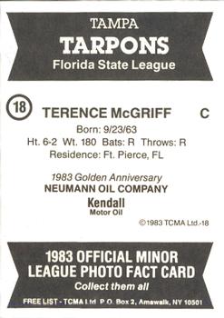 1983 TCMA Tampa Tarpons #18 Terry McGriff Back