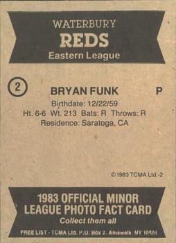 1983 TCMA Waterbury Reds #2 Bryan Funk Back