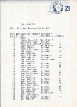 1983 Indianapolis Indians #21 Catchers (Dave Van Gorder / Ray Corbett) Back