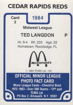1984 TCMA Cedar Rapids Reds #2 Ted Langdon Back