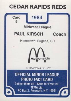 1984 TCMA Cedar Rapids Reds #5 Paul Kirsch Back