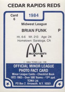 1984 TCMA Cedar Rapids Reds #6 Brian Funk Back