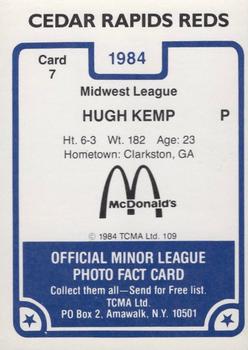 1984 TCMA Cedar Rapids Reds #7 Hugh Kemp Back