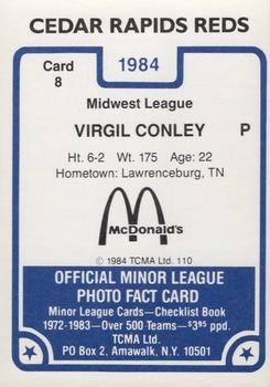 1984 TCMA Cedar Rapids Reds #8 Virgil Conley Back