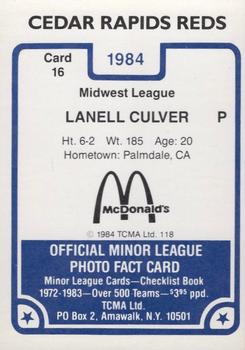 1984 TCMA Cedar Rapids Reds #16 Lanell Culver Back