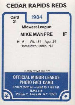 1984 TCMA Cedar Rapids Reds #21 Mike Manfre Back