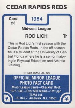 1984 TCMA Cedar Rapids Reds #23 Rod Lich Back