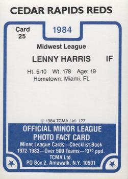 1984 TCMA Cedar Rapids Reds #25 Lenny Harris Back