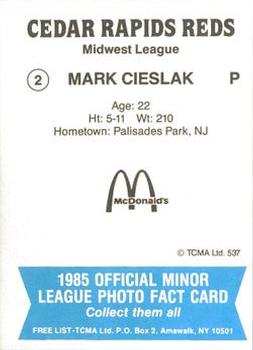 1985 TCMA Cedar Rapids Reds #2 Mark Cieslak Back