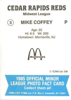 1985 TCMA Cedar Rapids Reds #3 Mike Coffey Back