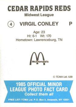 1985 TCMA Cedar Rapids Reds #4 Virgil Conley Back